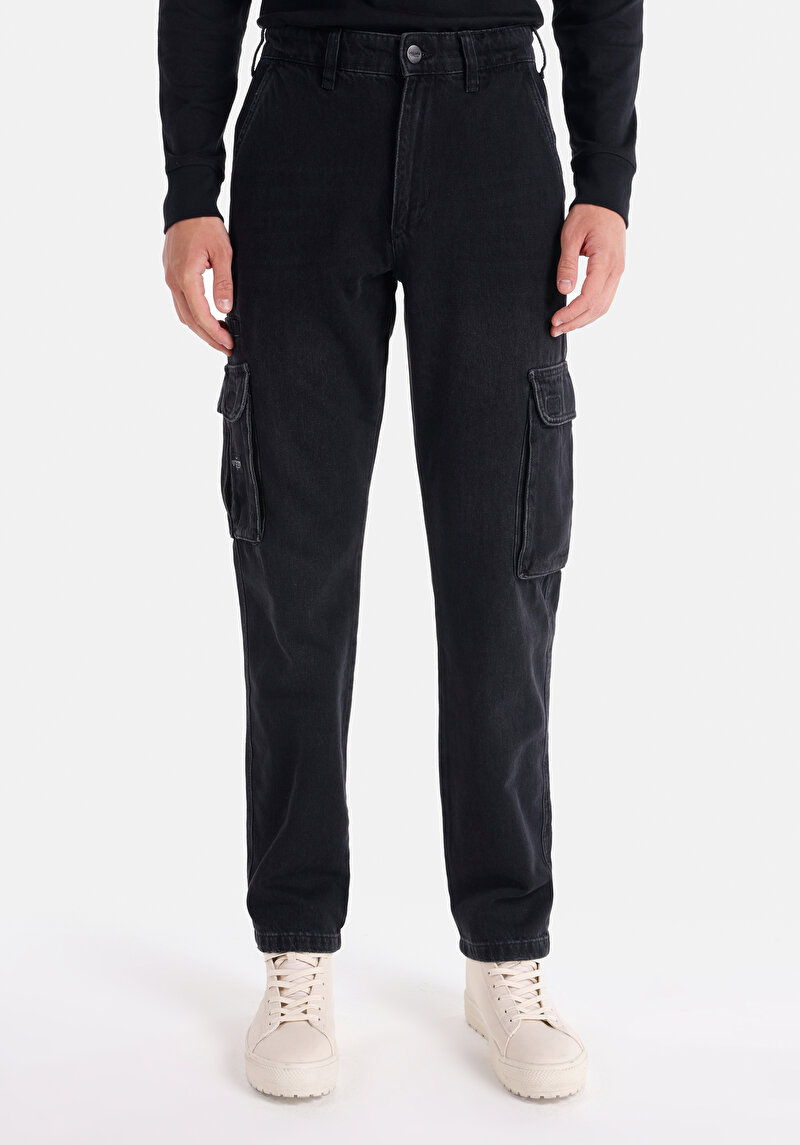 Cargo Fit Orta Bel Düz Paça Erkek Fermuarlı İndigo Jean Pantolon