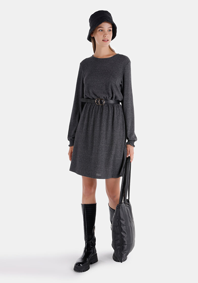 Regular Fit Kadın Antrasit Kısa Kol Elbise