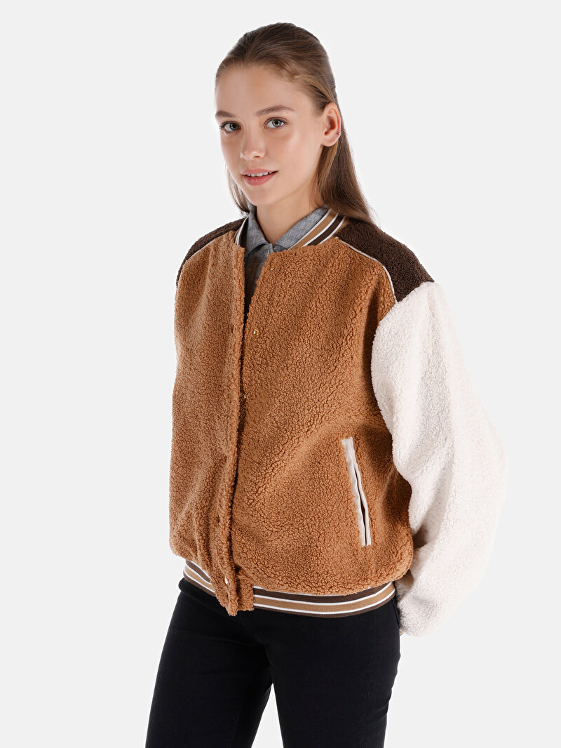 Regular Fit Polo Yaka Çıtçıtlı Astarlı  Kadın Çok Renkli Mont