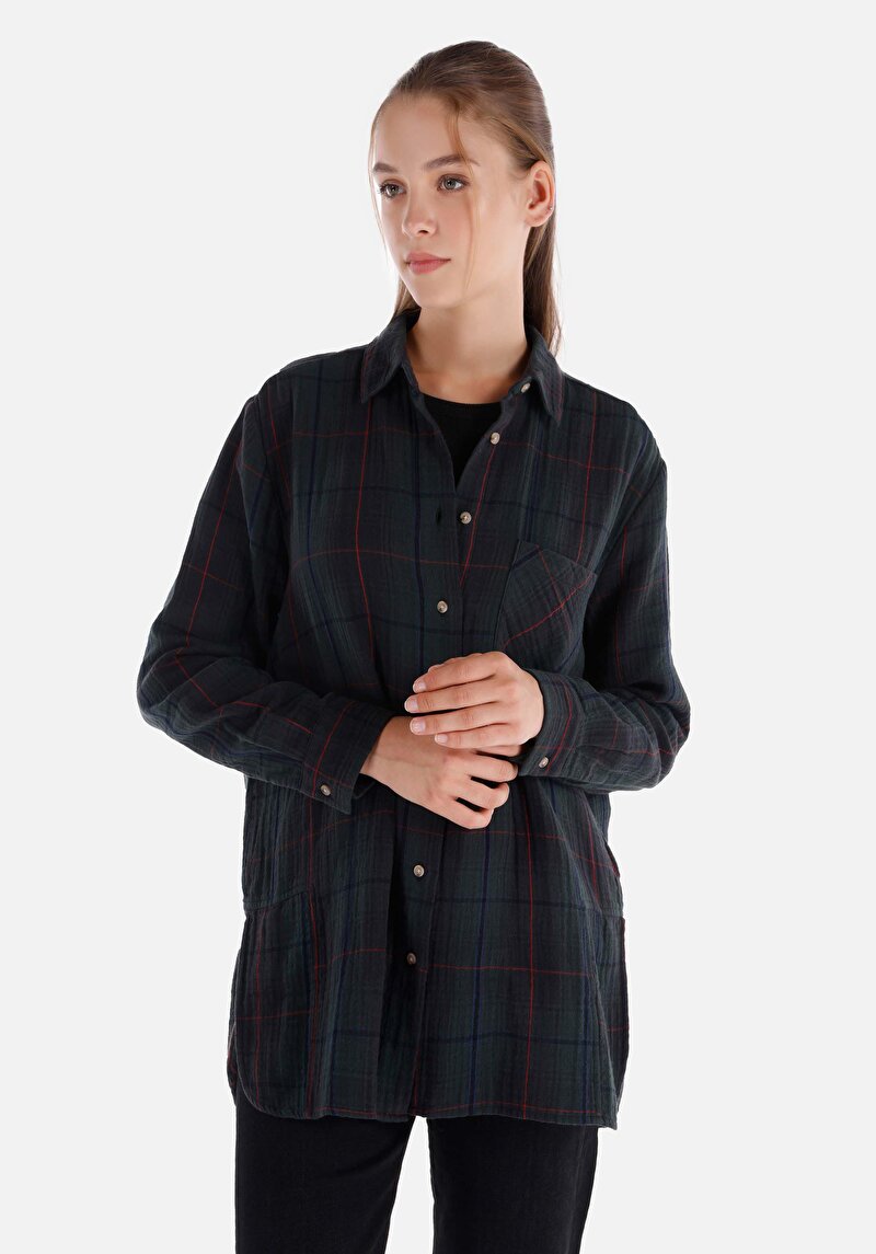 Regular Fit Shirt Neck Ekoseli Kadın Yeşil Uzun Kol Gömlek