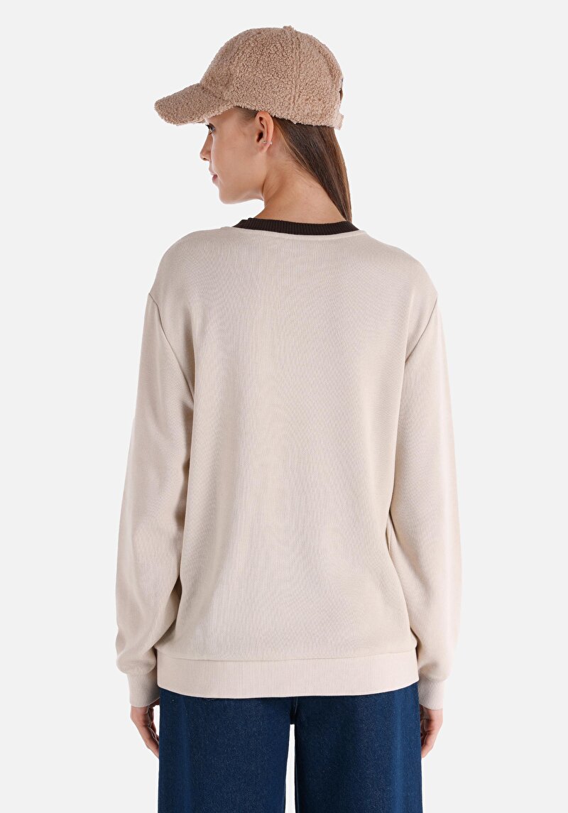Regular Fit Yuvarlak Yaka Baskılı Kadın Bej Sweatshirt
