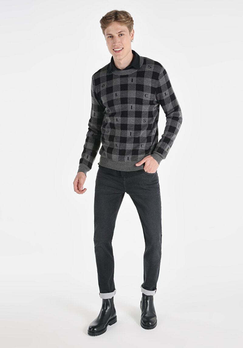 Regular Fit Yuvarlak Yaka Jakarlı Erkek Gri Kazak