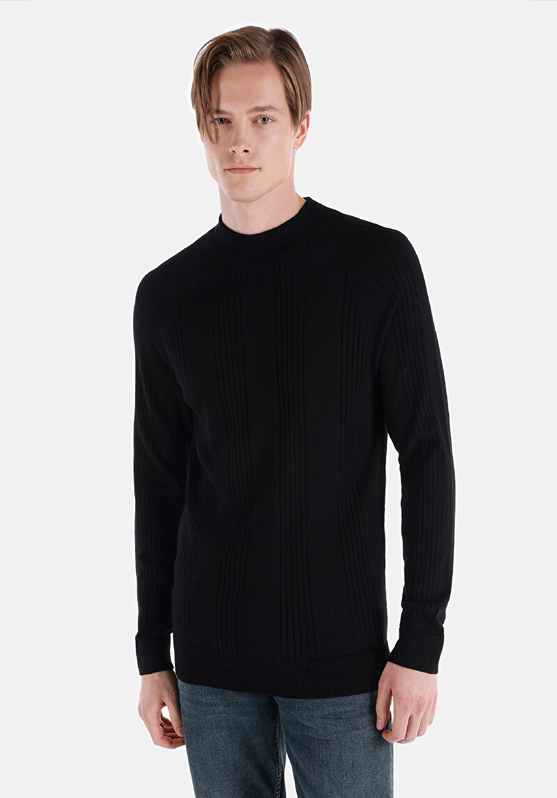 Slim Fit Yarım Balıkçı Yaka Düz Erkek Siyah Kazak