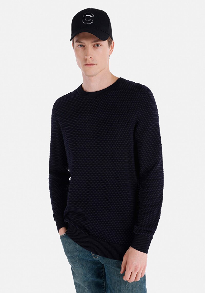 Regular Fit Yuvarlak Yaka Jakarlı Erkek Lacivert Kazak