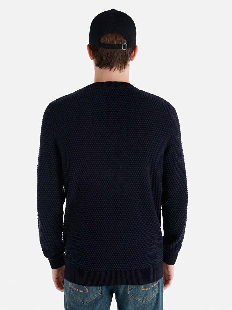 Regular Fit Yuvarlak Yaka Jakarlı Erkek Lacivert Kazak