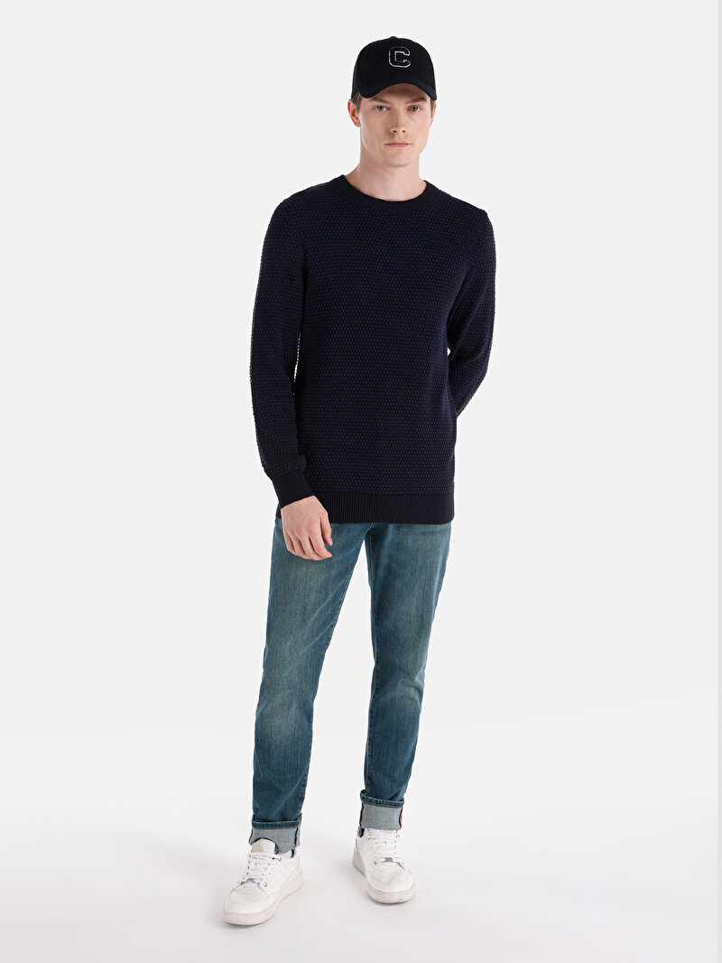 Regular Fit Yuvarlak Yaka Jakarlı Erkek Lacivert Kazak