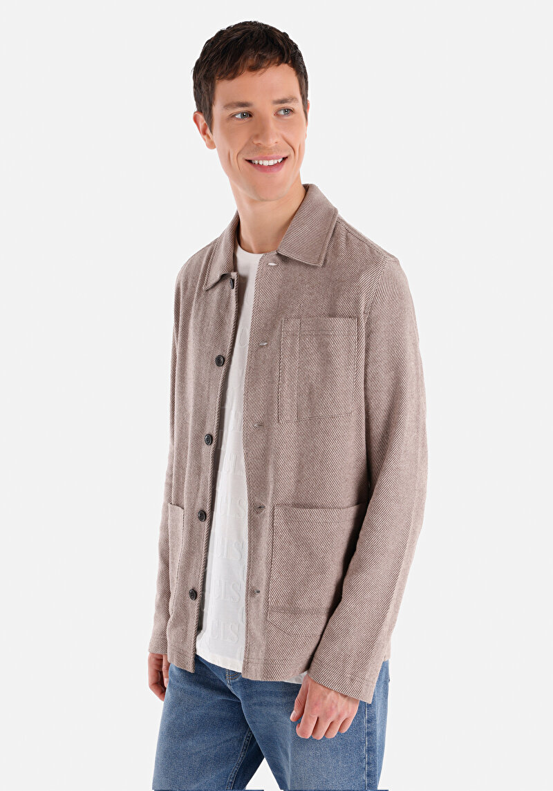 Regular Fit Shirt Neck Düz Erkek Bej Uzun Kol Gömlek