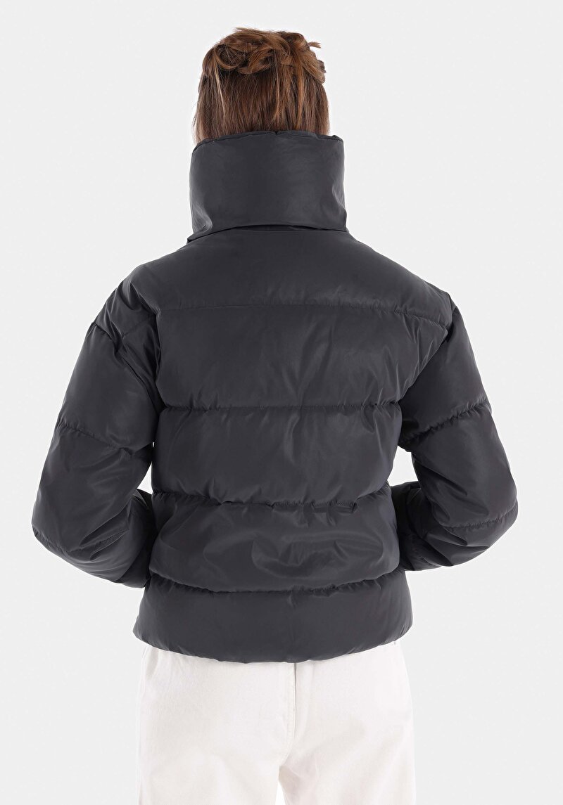 Regular Fit Dik Yaka Fermuarlı Astarlı Kadın Antrasit Mont