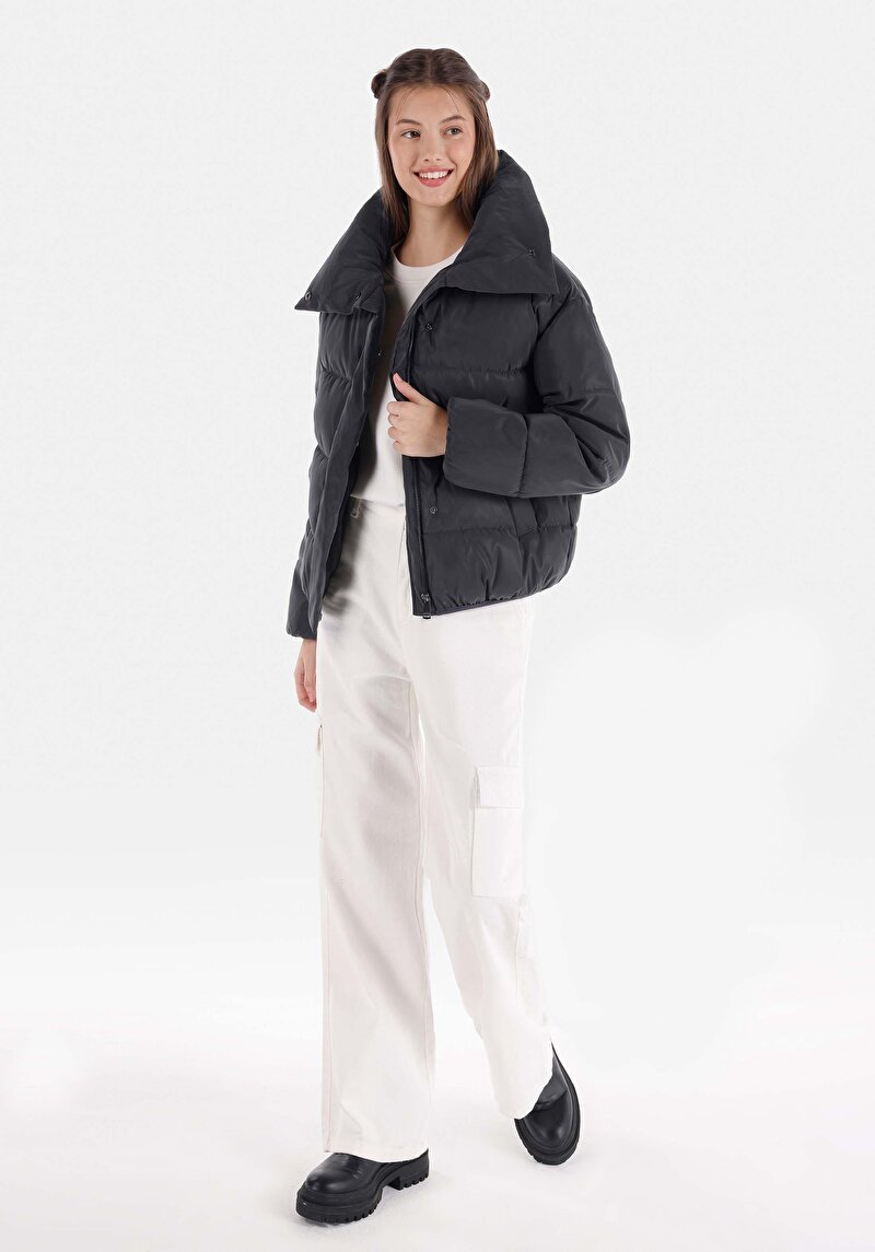 Regular Fit Dik Yaka Fermuarlı Astarlı Kadın Antrasit Mont