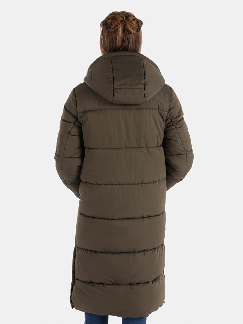 Regular Fit Kapüşonlu Fermuarlı Astarlı Kadın Yeşil Kaban