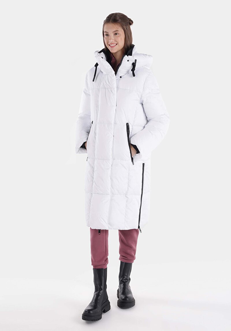Regular Fit Kapüşonlu Fermuarlı Astarlı Kadın Beyaz Kaban