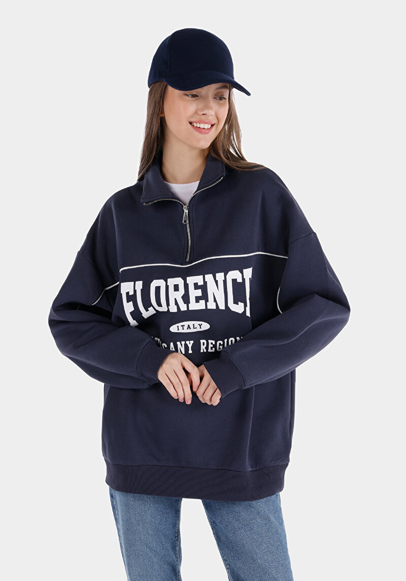 Comfort Fit Fermuarlı Baskılı Kadın Lacivert Sweatshirt