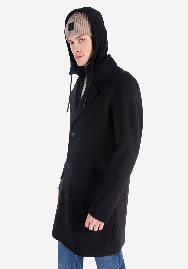 Regular Fit Düğmeli Erkek Siyah Kaban