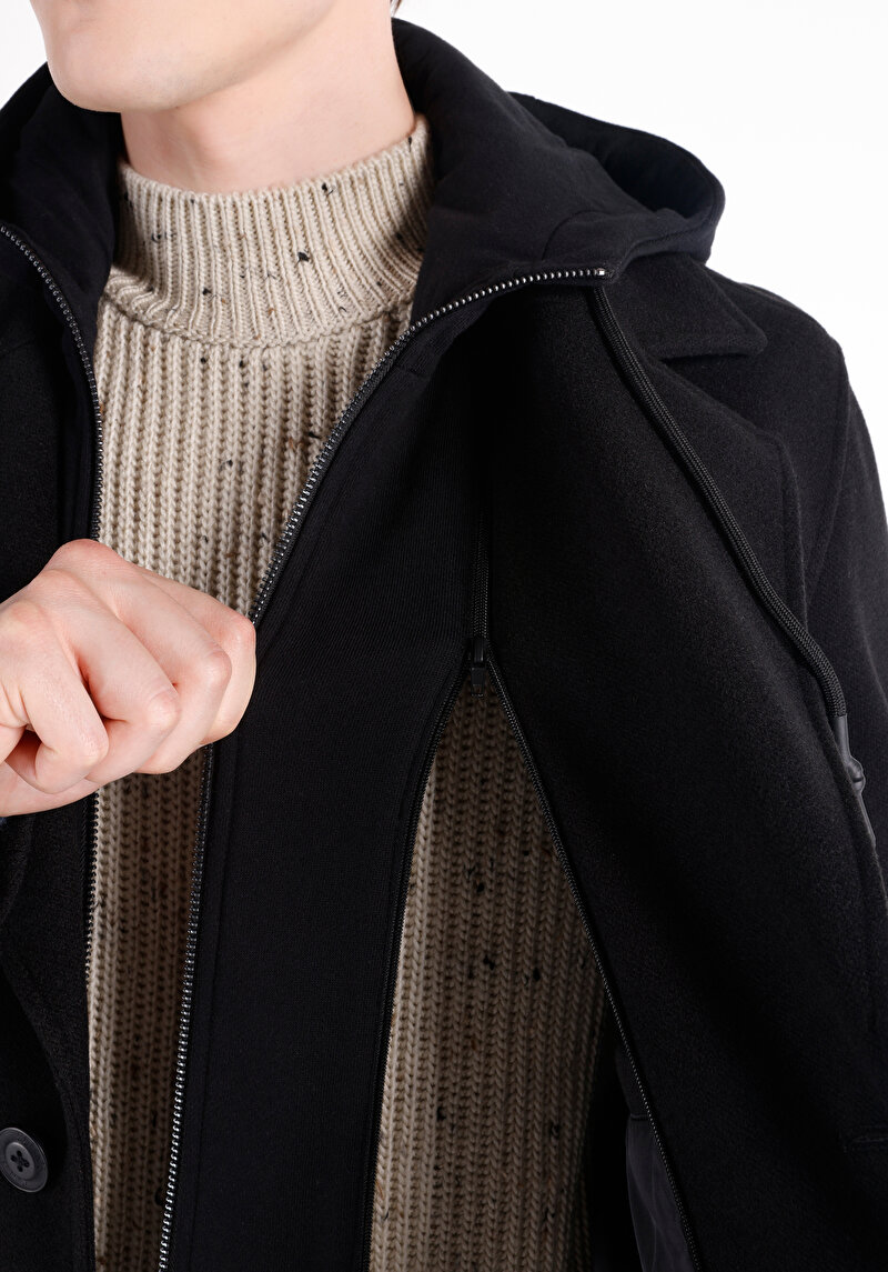 Regular Fit Düğmeli Erkek Siyah Kaban