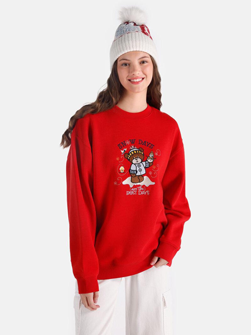 Comfort Fit Yuvarlak Yaka Baskılı Kadın Kirmizi Sweatshirt