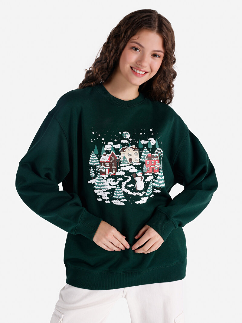 Comfort Fit Yuvarlak Yaka Baskılı Kadın Yeşil Sweatshirt