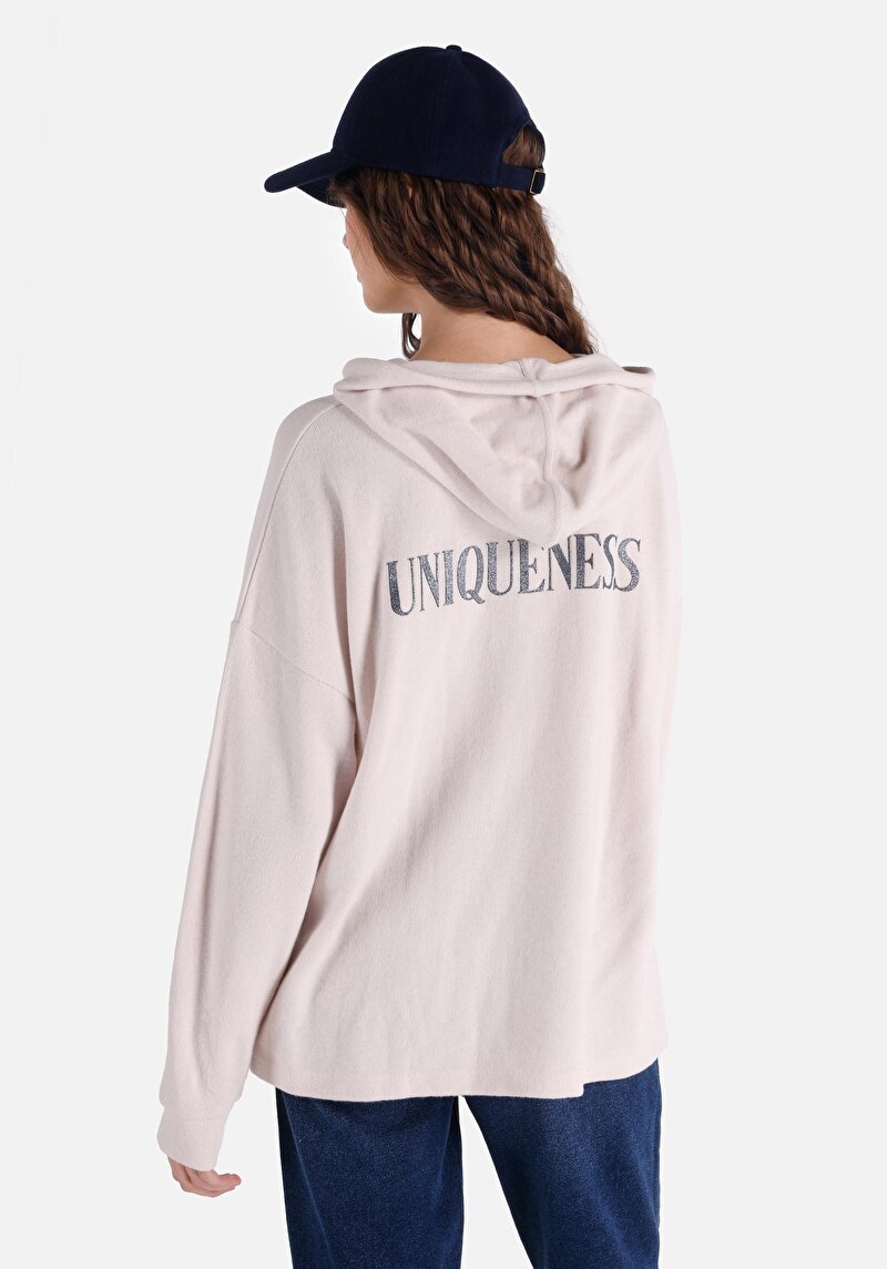 Regular Fit Kapüşonlu Baskılı Kadın Ekru Uzun Kol Tişört