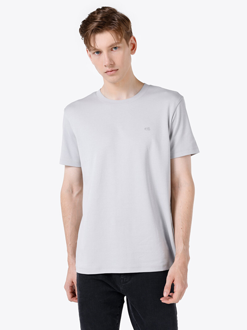 Regular Fit Yuvarlak Yaka Düz Örme Erkek Gri Kısa Kol Tişört