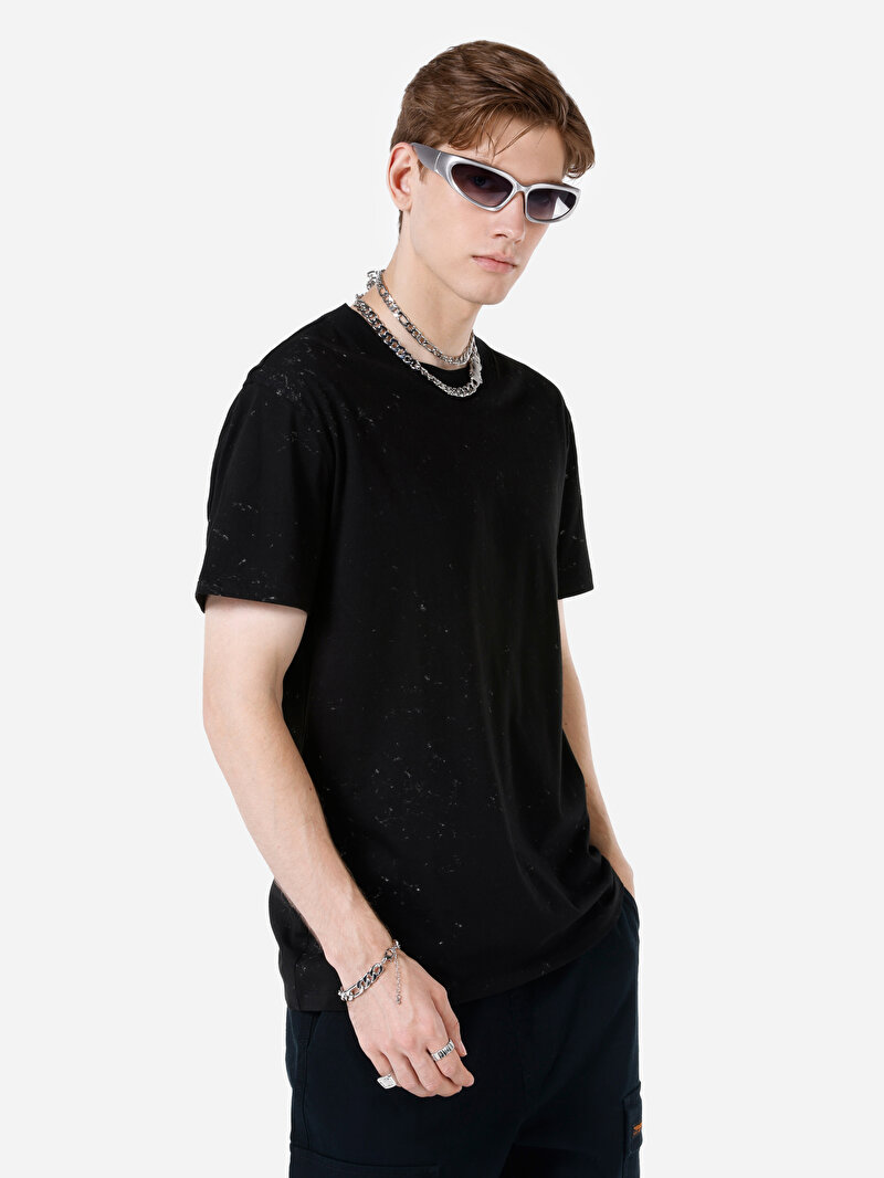 Comfort Fit Yuvarlak Yaka Baskılı Erkek Siyah Kısa Kol Tişört