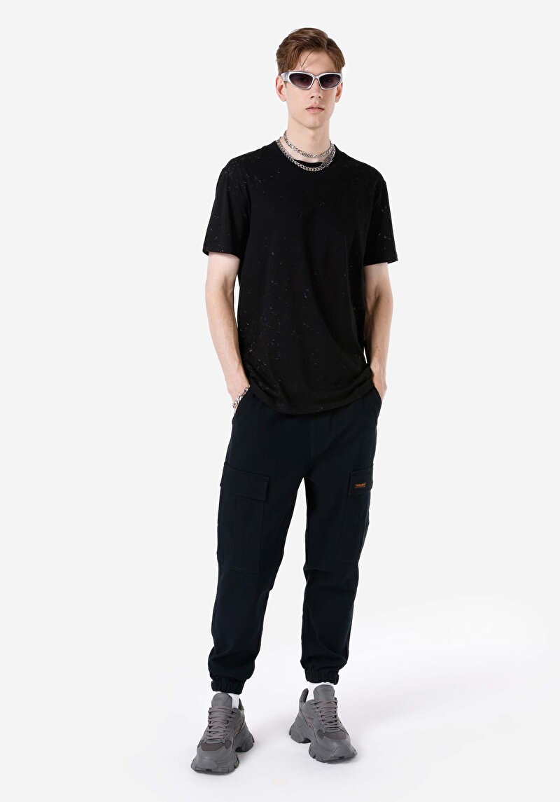 Comfort Fit Yuvarlak Yaka Baskılı Erkek Siyah Kısa Kol Tişört