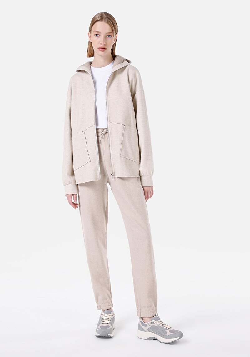 Regular Fit Orta Bel Düz Cepli Kadın Bej Eşofman Altı