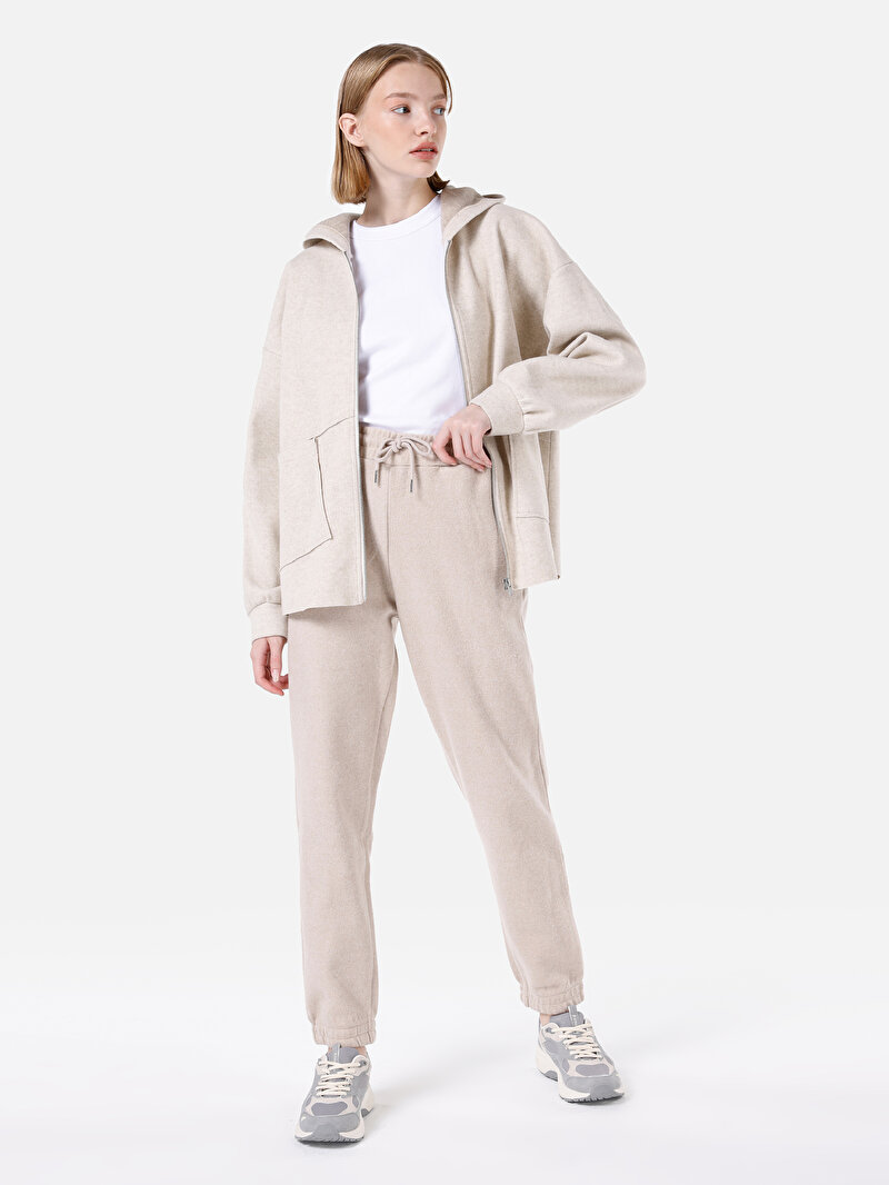 Regular Fit Orta Bel Düz Cepli Kadın Bej Eşofman Altı