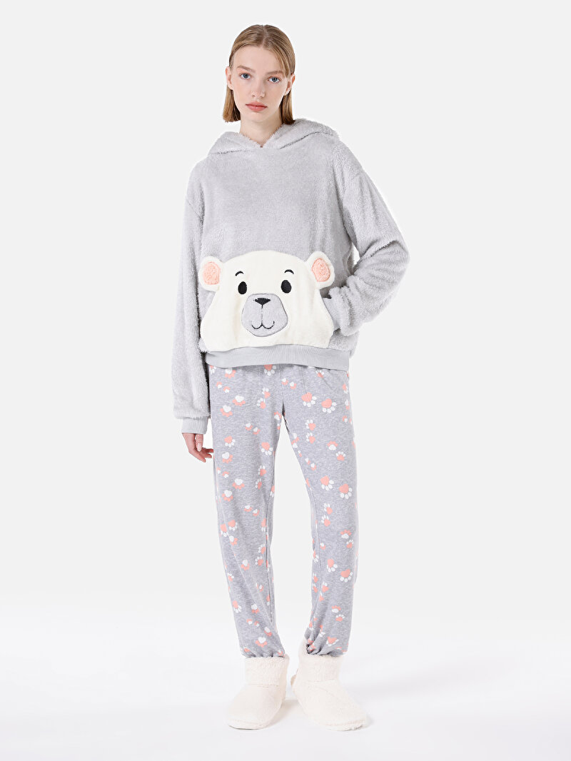 Regular Fit Kapüşonlu Baskılı Kadın Gri Sweatshirt