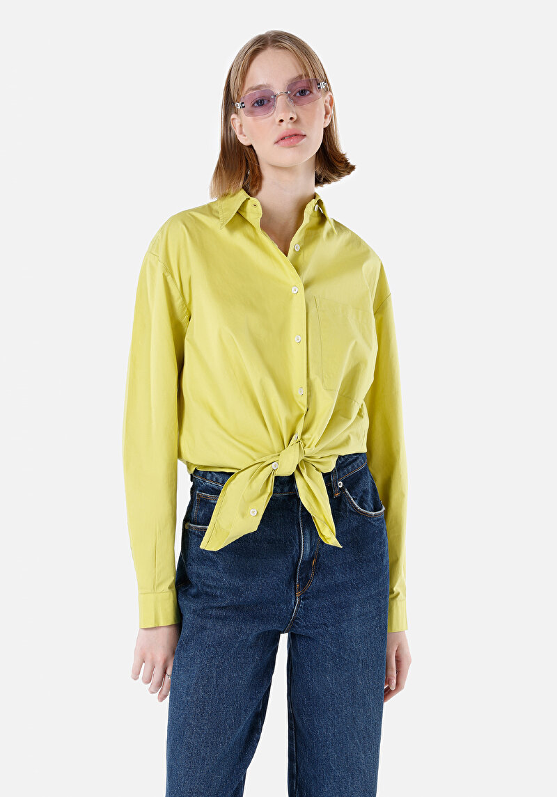 Regular Fit Shirt Neck Kadın Yeşil Uzun Kol Gömlek