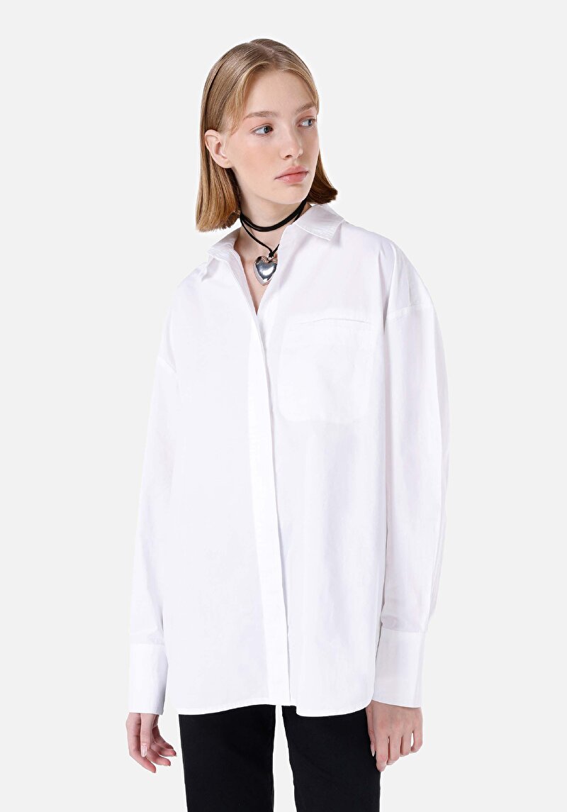 Relaxed Fit Shirt Neck Düz Kadın Beyaz Uzun Kol Gömlek