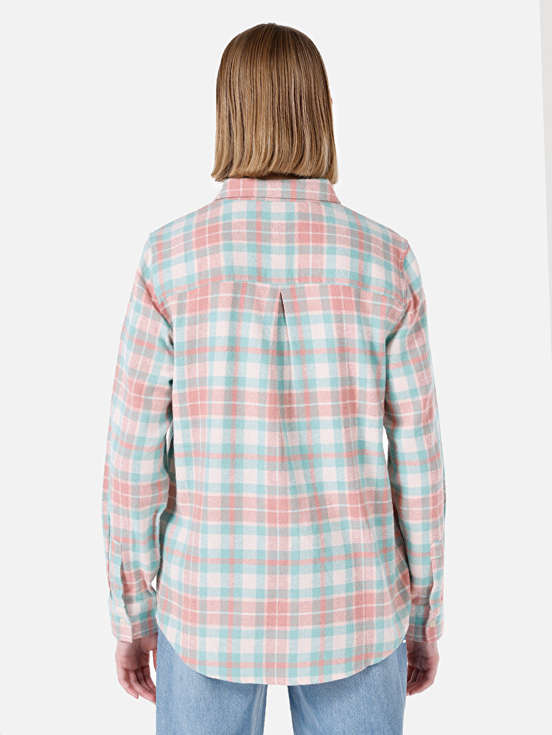 Regular Fit Cepli Shirt Neck Ekoseli Kadın Yeşil Uzun Kol Gömlek