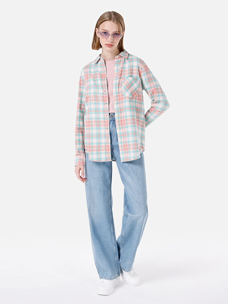 Regular Fit Cepli Shirt Neck Ekoseli Kadın Yeşil Uzun Kol Gömlek