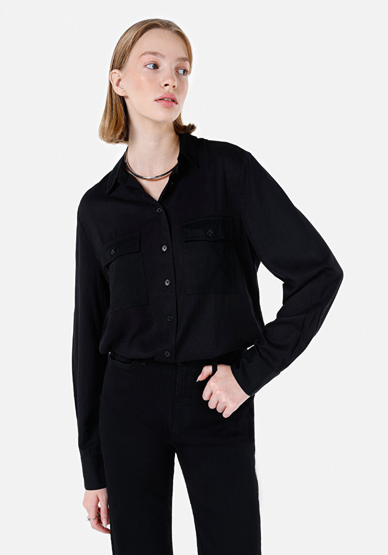 Regular Fit Shirt Neck Kadın Siyah Uzun Kol Gömlek
