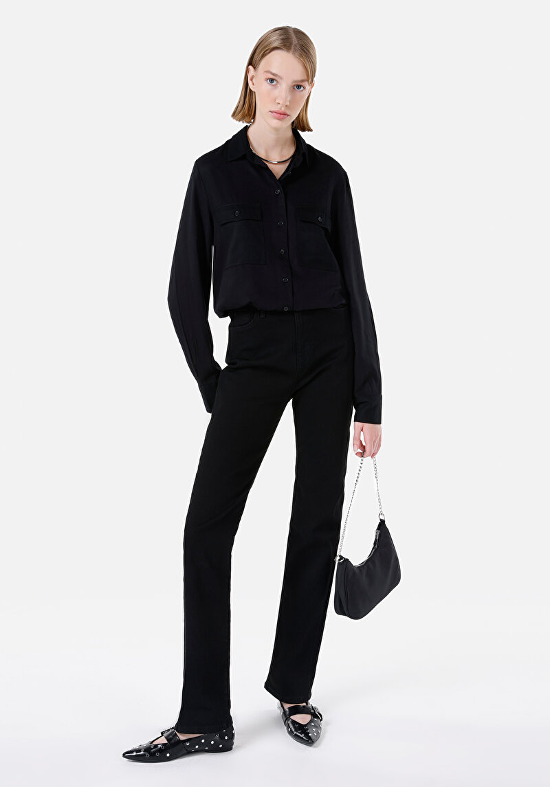 Regular Fit Shirt Neck Kadın Siyah Uzun Kol Gömlek