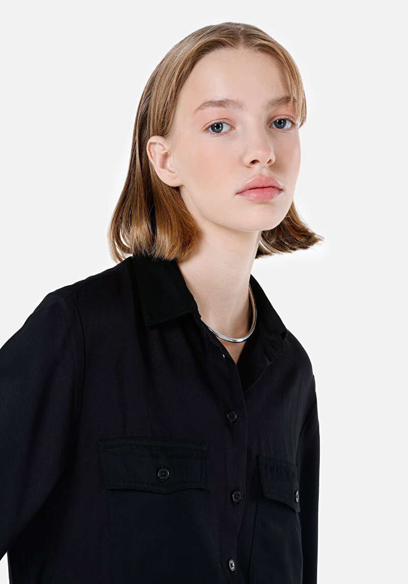Regular Fit Shirt Neck Kadın Siyah Uzun Kol Gömlek
