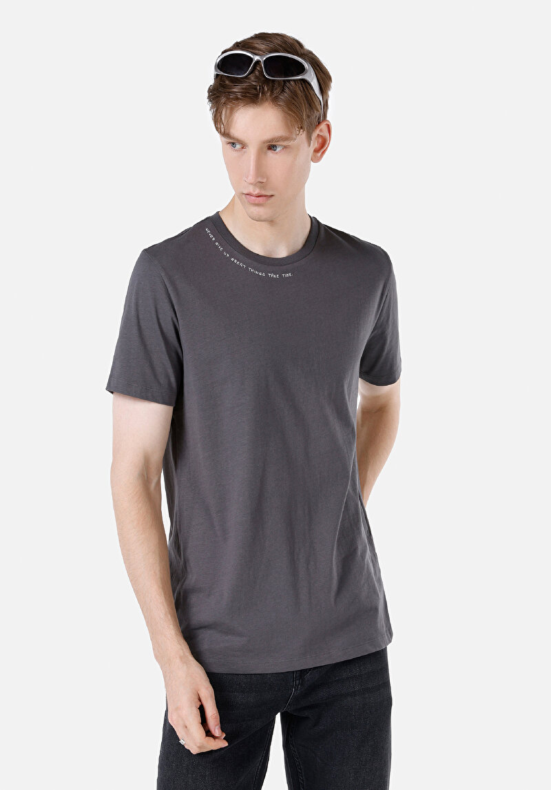 Regular Fit Yuvarlak Yaka Düz Erkek Antrasit Kısa Kol Tişört