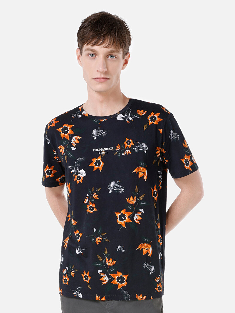 Regular Fit Yuvarlak Yaka Baskılı Erkek Siyah Kısa Kol Tişört