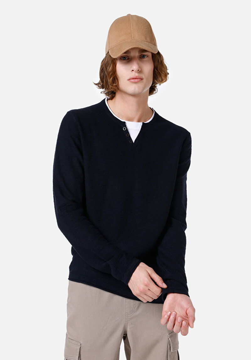 Regular Fit Yuvarlak Yaka Erkek Lacivert Kazak