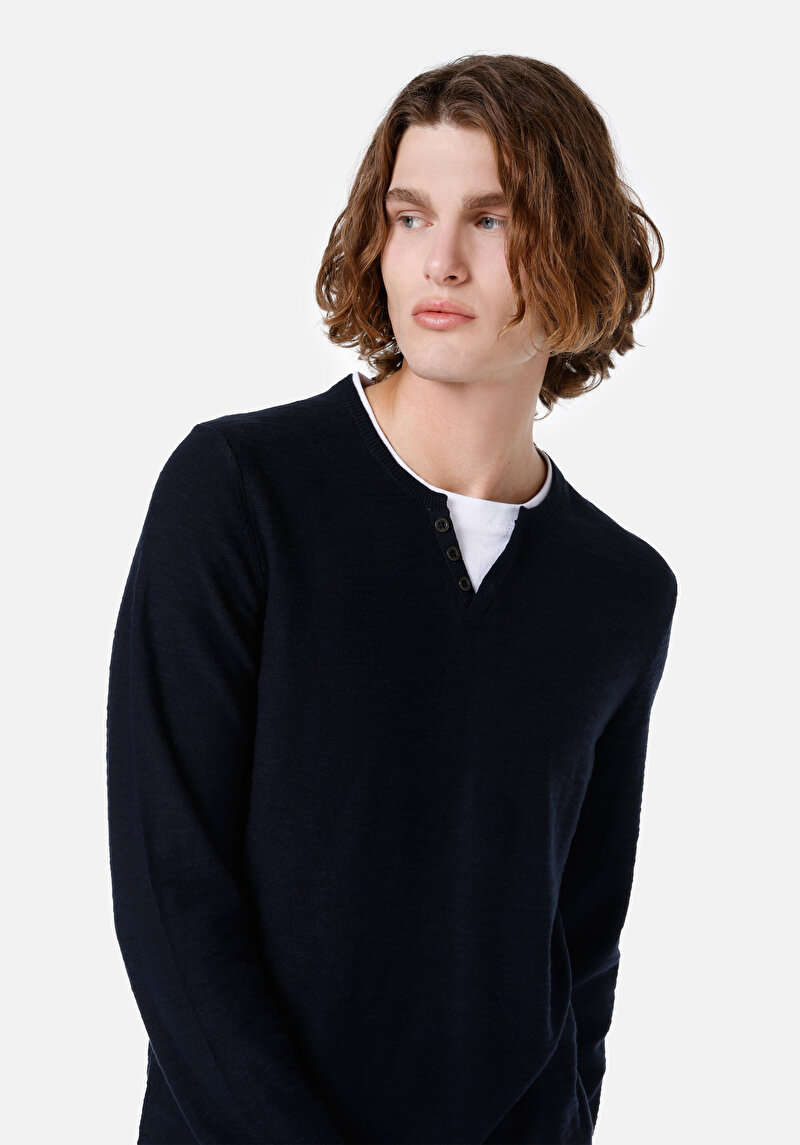 Regular Fit Yuvarlak Yaka Erkek Lacivert Kazak