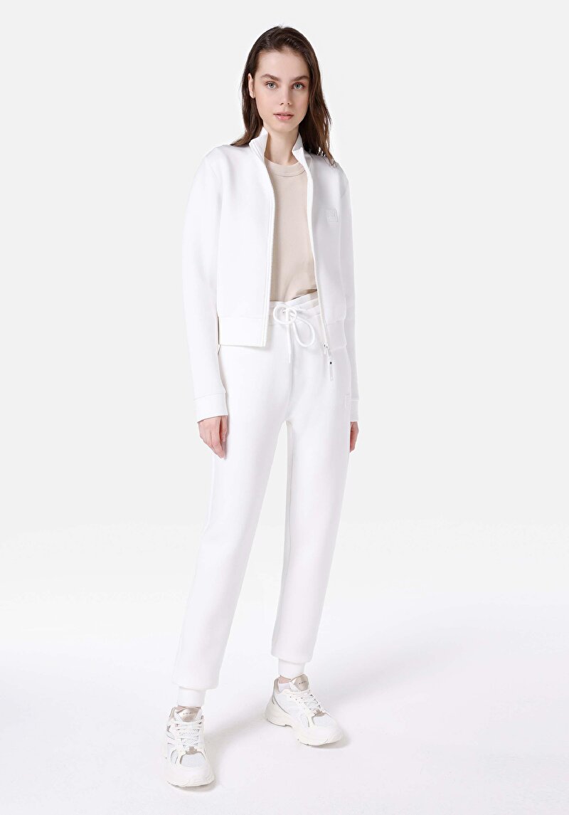 Slim Fit Orta Bel Baskılı Kadın Beyaz Eşofman Altı