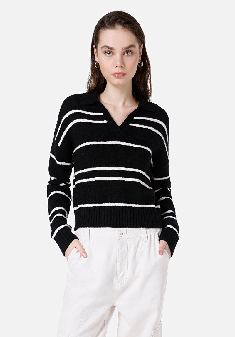 Regular Fit Polo Yaka Çizgili Kadın Siyah Kazak