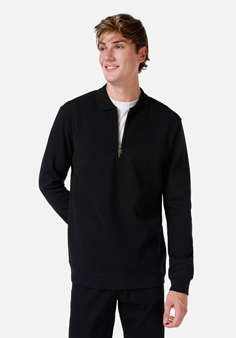 Regular Fit Fermuarlı Erkek Siyah Uzun Kol Tişört