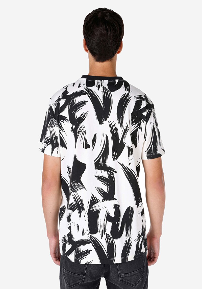 Comfort Fit Yuvarlak Yaka Baskılı Erkek Beyaz Örme Kısa Kol Tişört