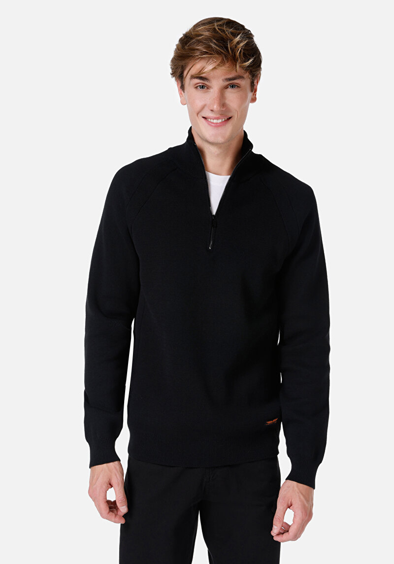 Regular Fit Turtle Neck Jakarlı Erkek Siyah Triko Kazak