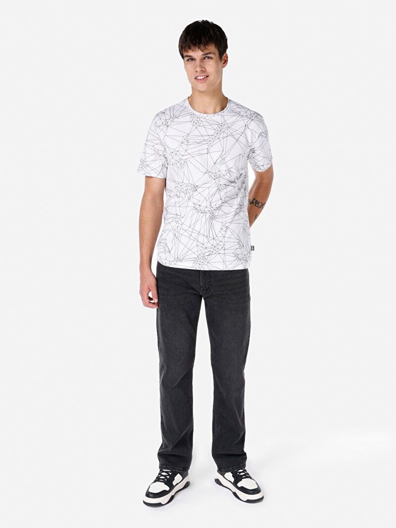 Regular Fit Yuvarlak Yaka Baskılı Erkek Beyaz Kısa Kol Tişört