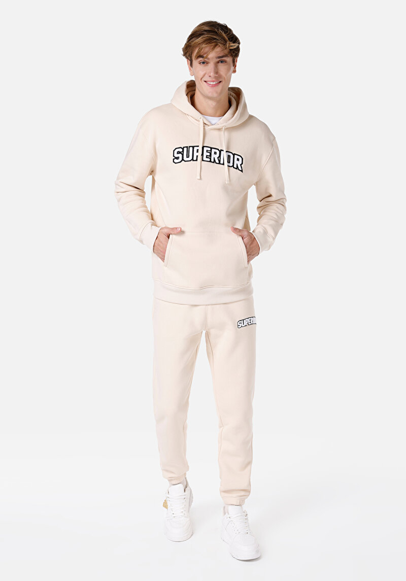 Regular Fit Erkek Bej Yazı Baskılı Sweatshirt