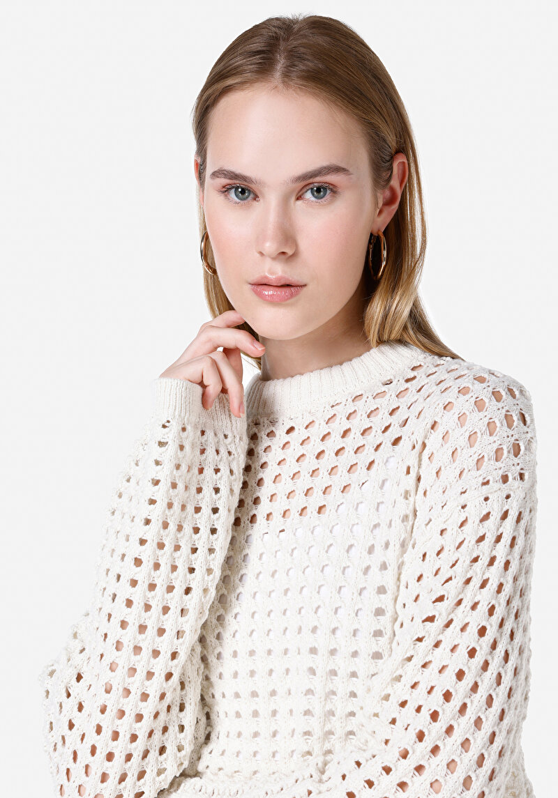 Regular Fit Yuvarlak Yaka Kadın Beyaz Kazak