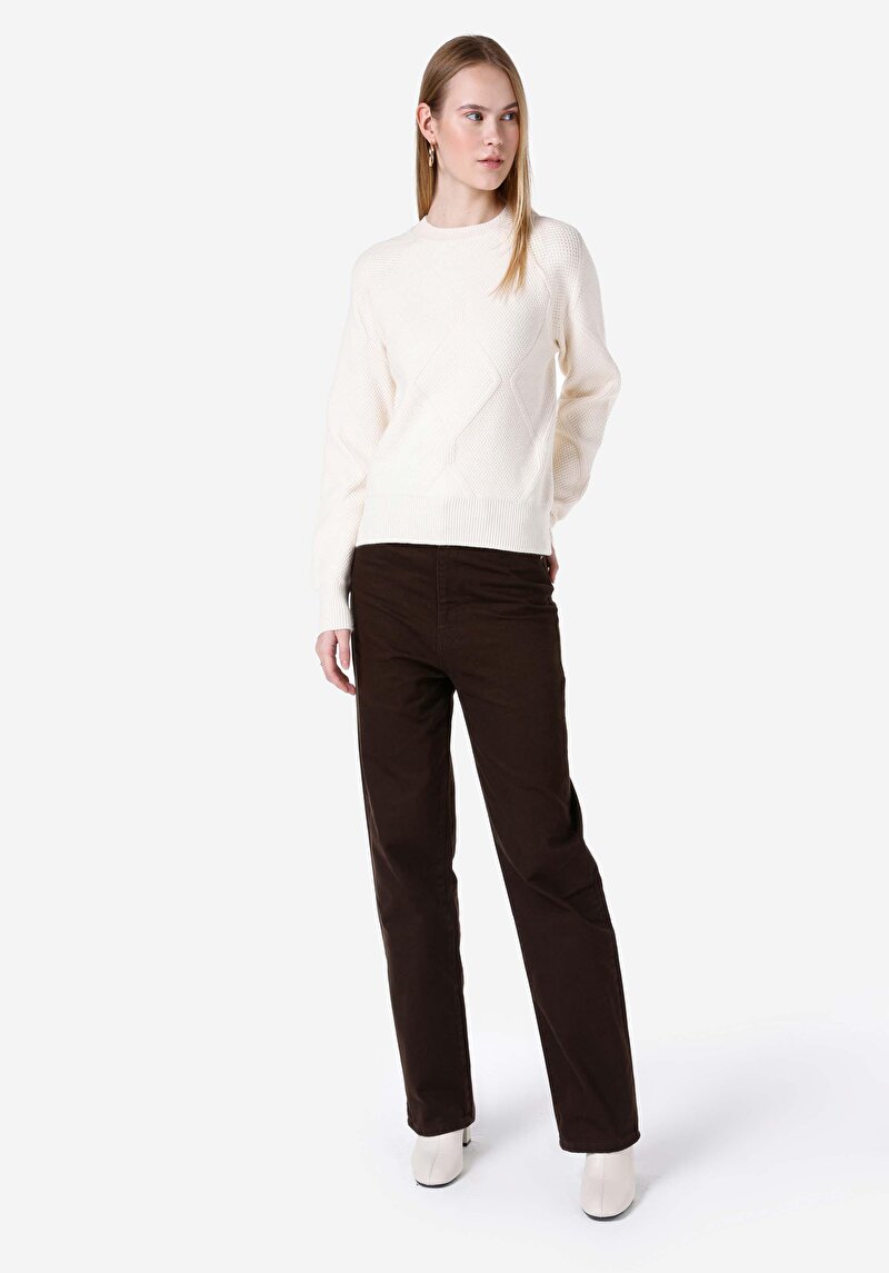 Regular Fit V Yaka Kadın Ekru Kazak