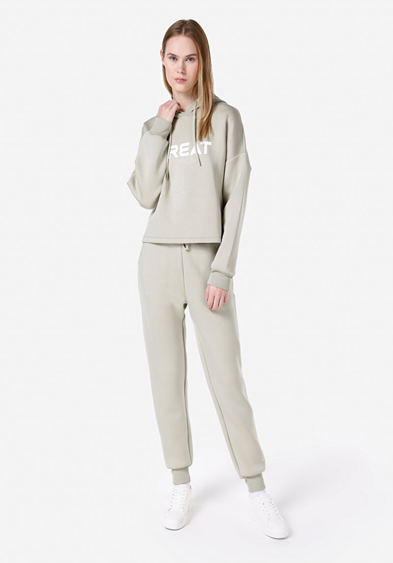 Regular Fit Kapüşonlu Baskılı Kadın Yeşil Sweatshirt