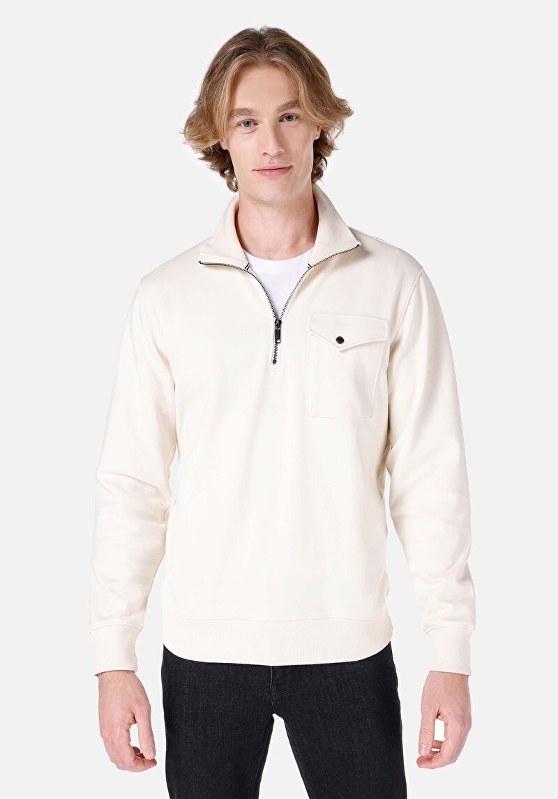 Regular Fit Fermuarlı Düz Erkek Taş Uzun Kol Tişört