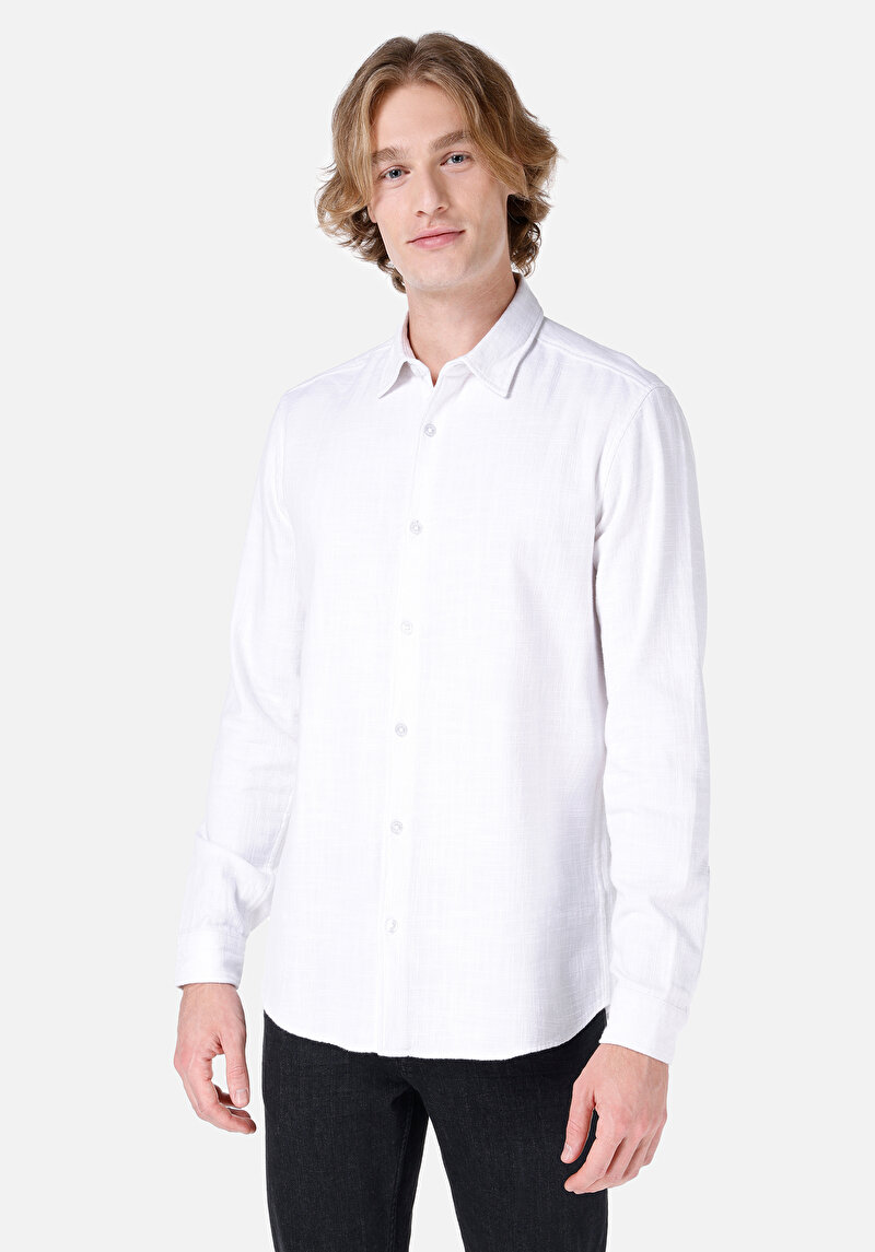 Regular Fit Shirt Neck Düz Erkek Beyaz Uzun Kol Gömlek